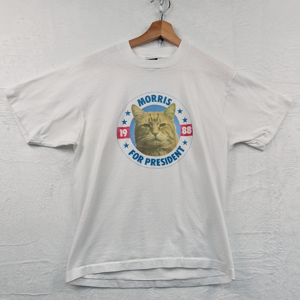 VTG Humor T-Shirt Men's Large White Morris For President Cat USA Paper Thin 80s